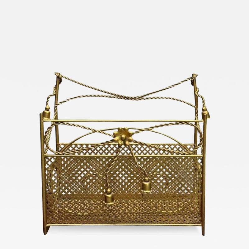 Hollywood Regency Gilt Bronze Magazine Rack Rope an Tassel Form