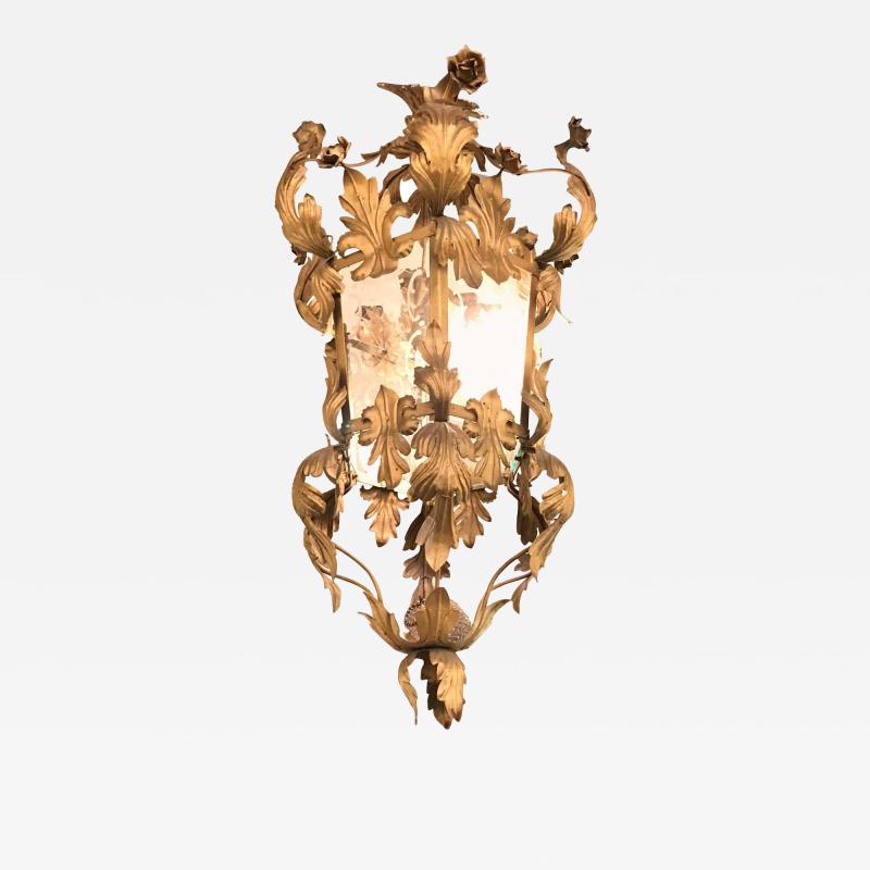 Hollywood Regency Gilt Metal Etched Glass Hanging Lantern