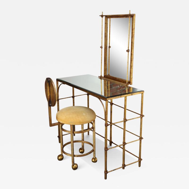 Hollywood Regency Gilt Metal Rope Tied Mirrored Vanity with Chair on Casters