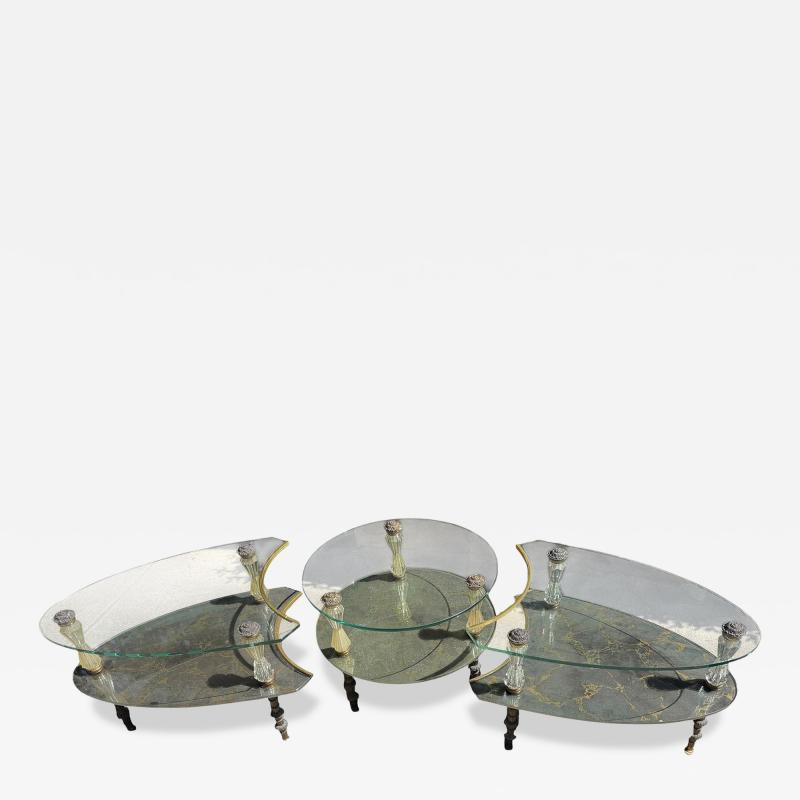 Hollywood Regency Goran 3 Part Glass Marble Cocktail Table