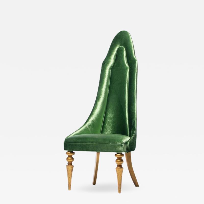 Hollywood Regency High Back Lipstick Chair in Green Velvet and Gold Leaf