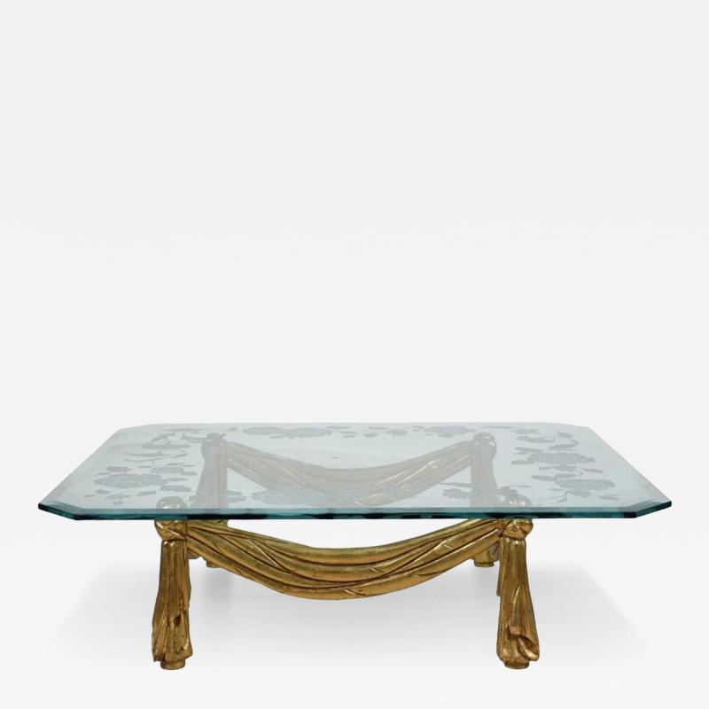 Hollywood Regency Italian Carved Giltwood and Glass Coffee Table