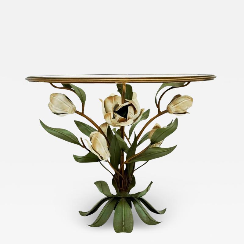 Hollywood Regency Italian Floral Brass Glass Side Table or Cocktail Table