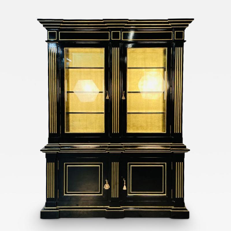 Hollywood Regency Maison Jansen Style Bookcase Cabinet Ebony Gold Leaf