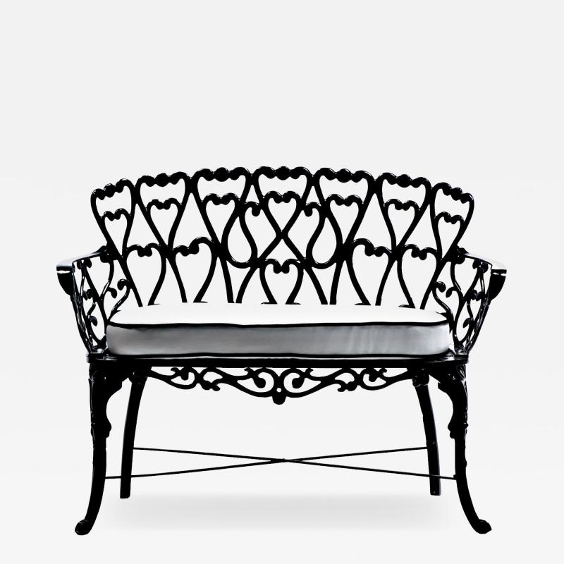 Hollywood Regency Neo Baroque Patio Love Seat Bench in Black Lacquer c 1960
