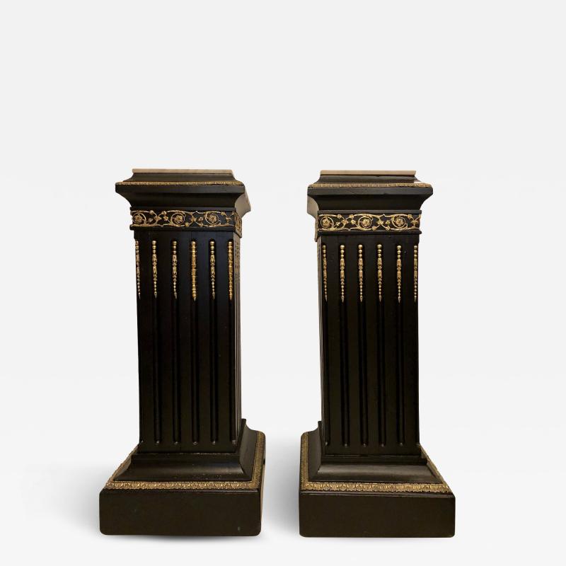 Hollywood Regency Neoclassical Ebony Pedestals Bronze Mounted Marble Tops Pair