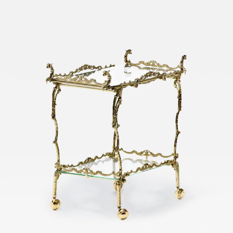Hollywood Regency Ornate Chinoiserie Polished Brass Bar Cart c 1955