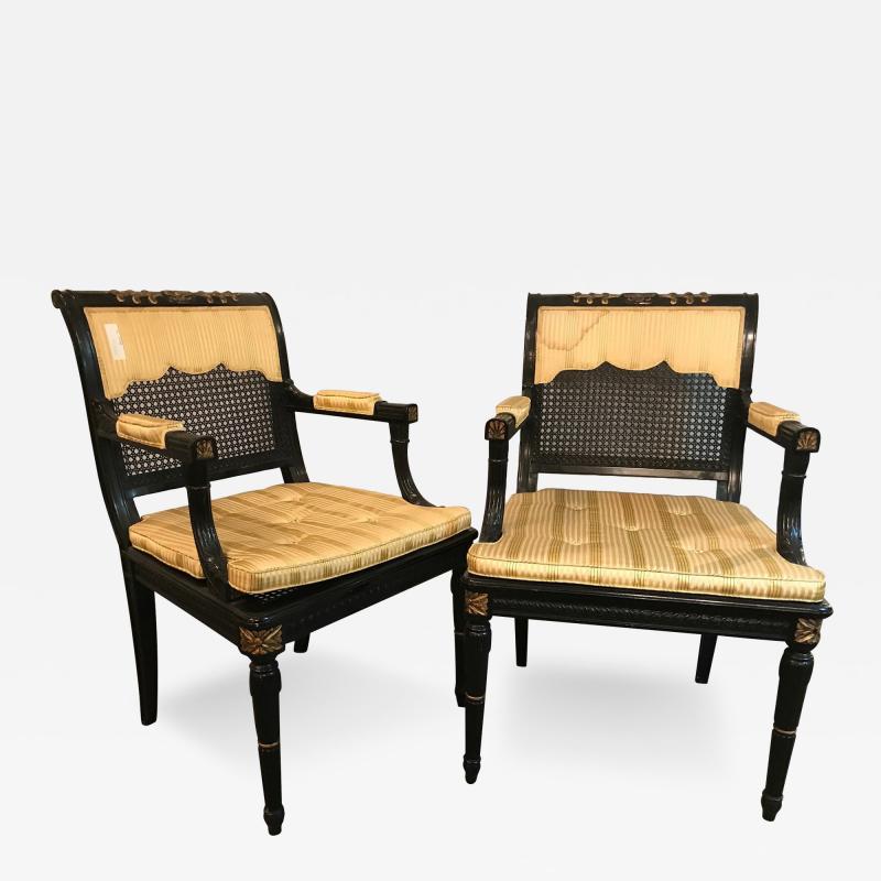 Hollywood Regency Pair of Ebony and Gilt Gold Armchairs Attributed Maison Jansen