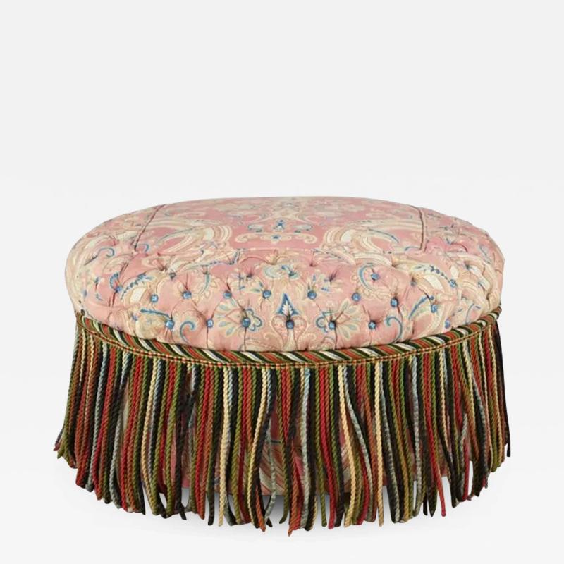 Hollywood Regency Pink Paisley Tufted Upholstered Round Ottoman