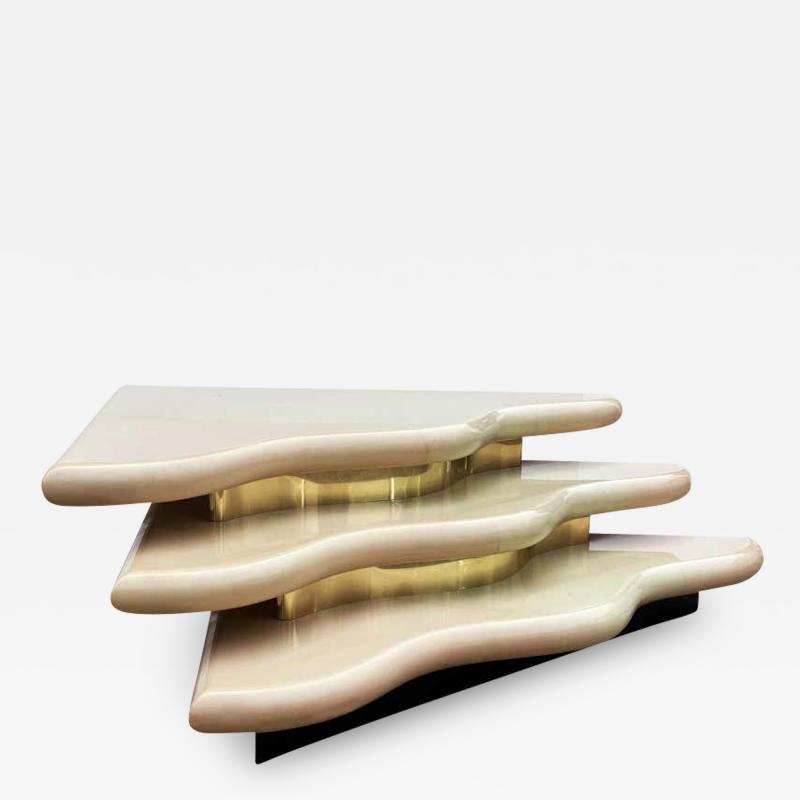 Hollywood Regency Stepped Triangular Cocktail Table or Corner Table with Brass