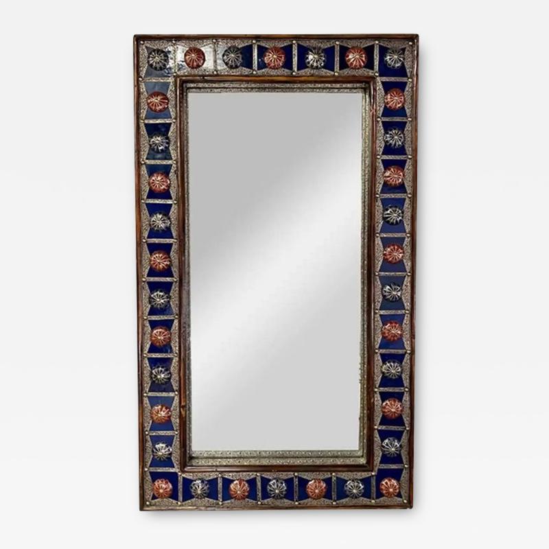 Hollywood Regency Style Blue Mirror Bronze Stones inlay in Filligree Design