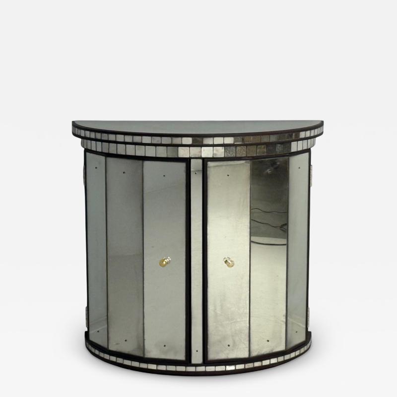 Hollywood Regency Style Distressed Glass Mirrored Demilune Cabinet