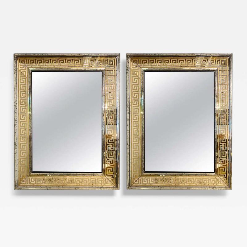 Hollywood Regency Style Etched Glass Gilt Greek Key Wall Mirrors USA 21st c