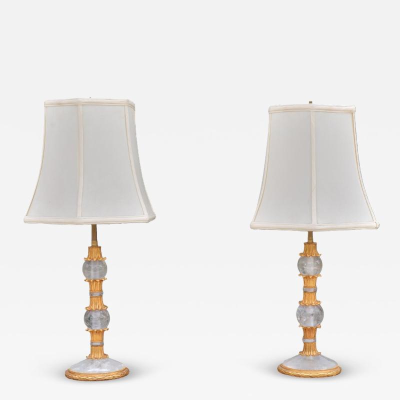 Hollywood Regency Style Gilt Metal Rock Crystal Table Lamps France 1940s