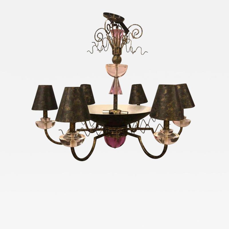 Hollywood Regency Style Iron and Lucite with Colored Glass Chandelier