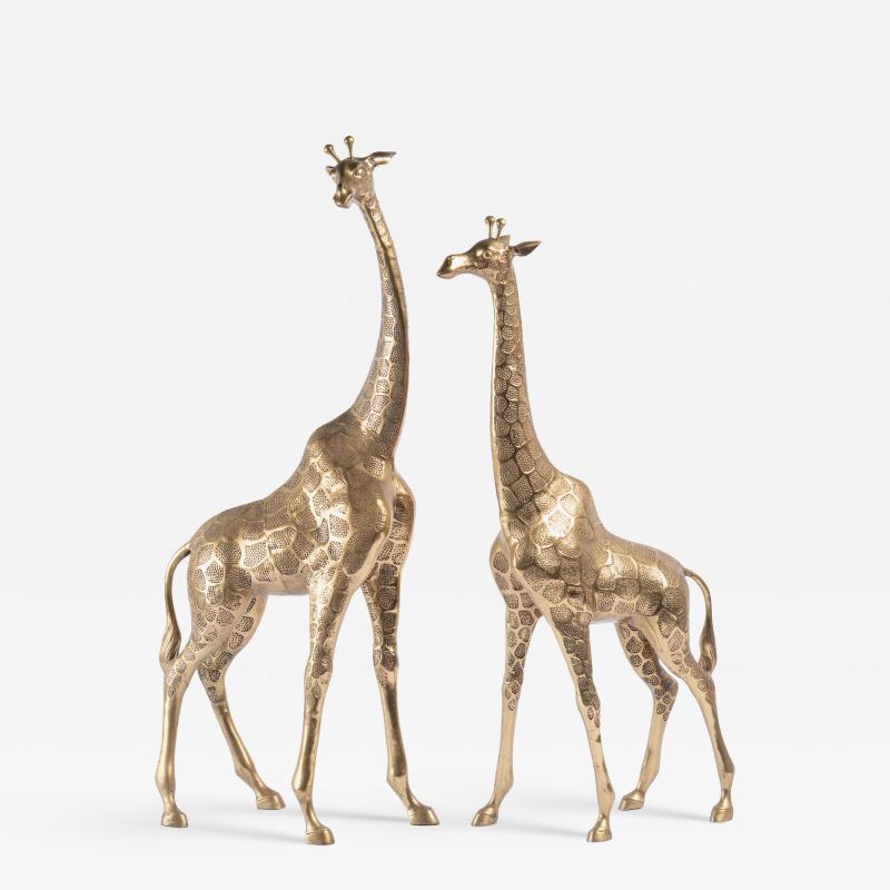 Hollywood Regency Style Polished Brass Giraffe Sculptures Pair