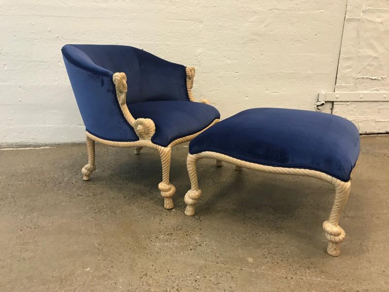 Hollywood Regency Style Rope & Tassel Chair with Matching Ottoman in