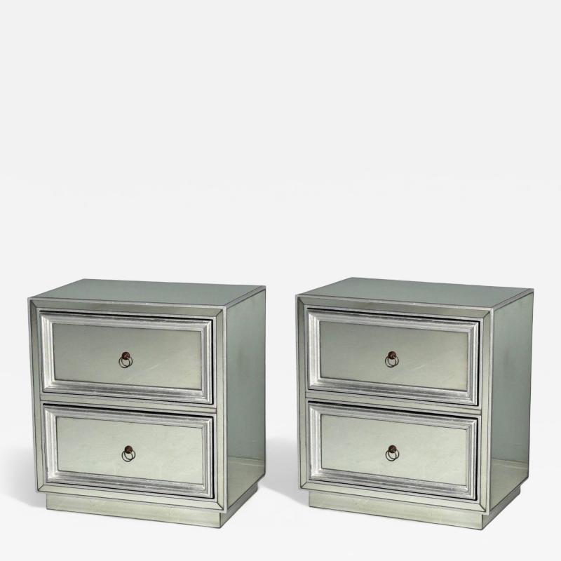 Hollywood Regency Style Silver Leaf Distressed Glass Mirrored Nightstands