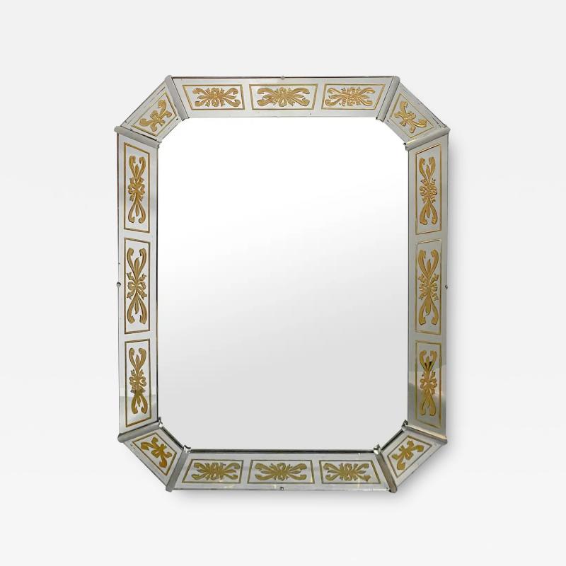 Hollywood Regency Style Venetian Eglomise Gold Bow Ribbon Design Wall Mirror