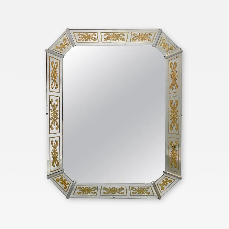 Hollywood Regency Style Venetian Eglomise Gold Bow Ribbon Design Wall Mirror
