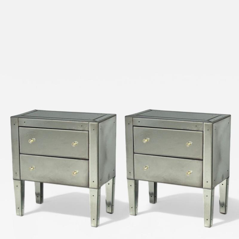Hollywood Regency Style Wood Antique Beveled Glass Mirrored Nightstands