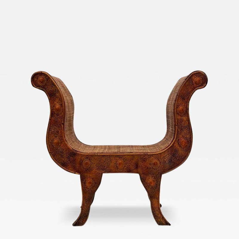 Hollywood Regency Wood Cane Sculptural Single Bench Seat Stool or Chair