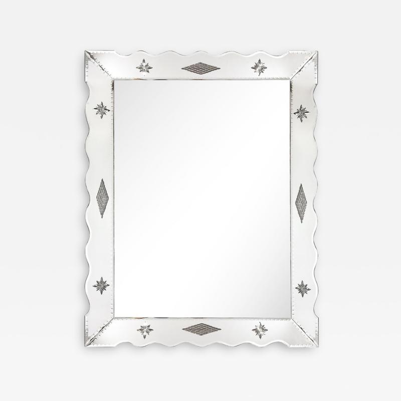 Hollywood Venetian Glass Scalloped Shadowbox Beveled Mirror W Reversed Etching