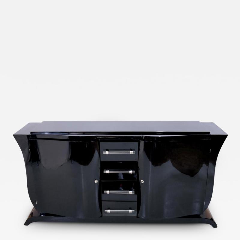 Horizontal and vertical curved French 1930s Art Deco Sideboard in Black Lacquer