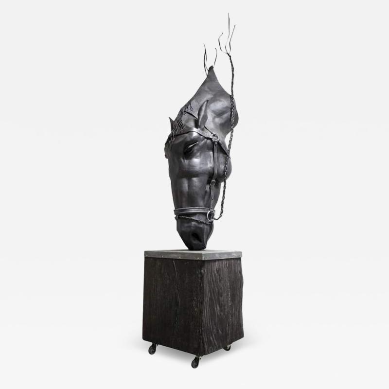 Horse Head Metal Sculpture by G F ssl Handforged On Charred Oak Base AT 2017