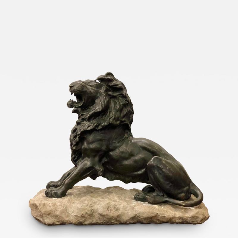 Huge Antique Bronze Lion Sculpture on a Stone Plinth by Merculiano