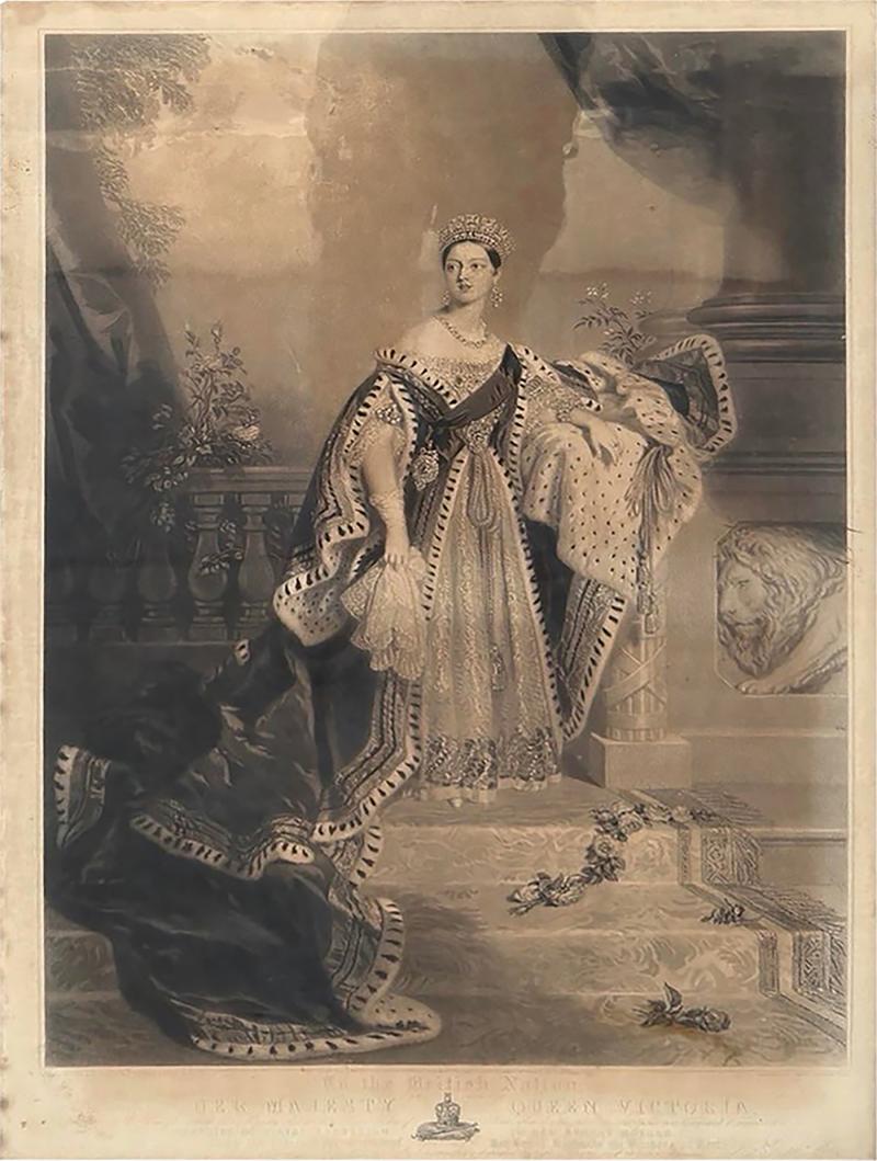 Huge Antique Queen Victoria Coronation Engraving Print in Royal Crown Frame