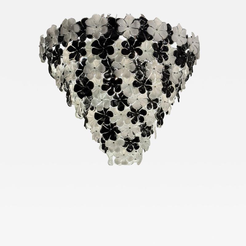 Huge Contemporary Black and White Flower Murano Glass Chandelier