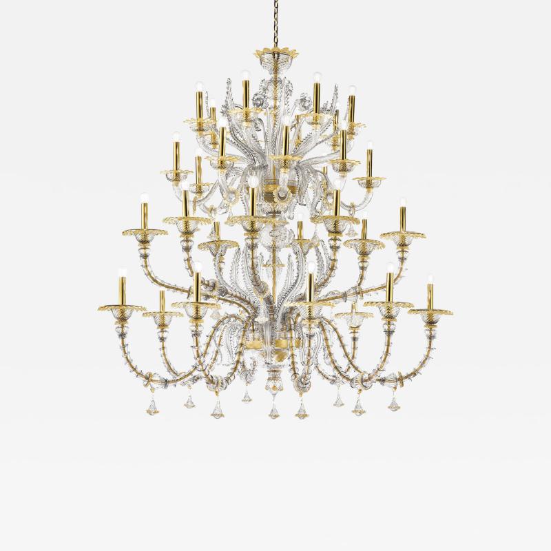 Huge Transparent and Gold Ca Rezzonico With Leaves Murano Glass Chandelier