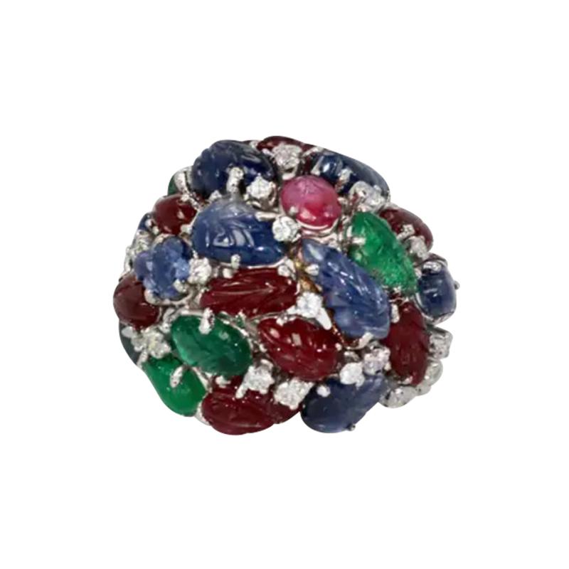 Huge Tutti Frutti 18K Ring Emeralds Rubies Sapphires and Diamonds