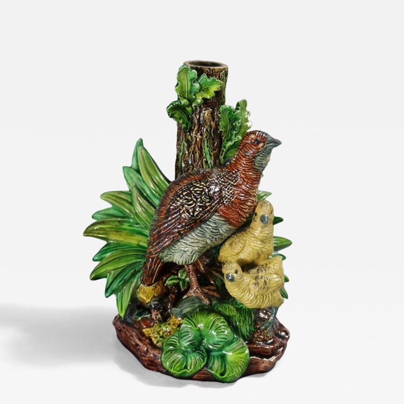 Hugo Lonitz Majolica Partridge and Chicks Candelabra Base