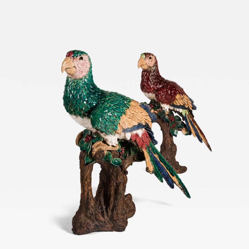 Hugo Lonitz Rare Pair of Majolica Parrots late 19th c 