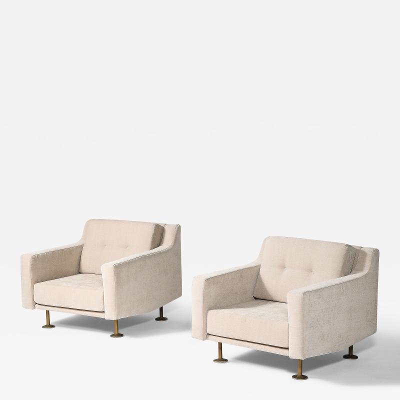Hugues Steiner New Upholstery and Brass Armchairs by Hugues Steiner France c 1965