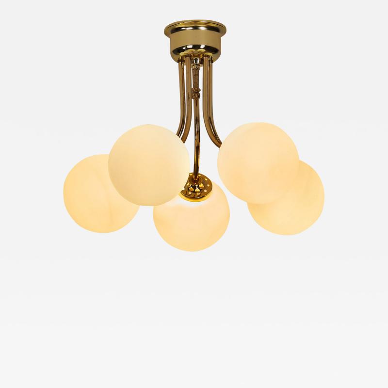 Hyval Five Armed Brass and Glass Ceiling Lamp Finland 1970s