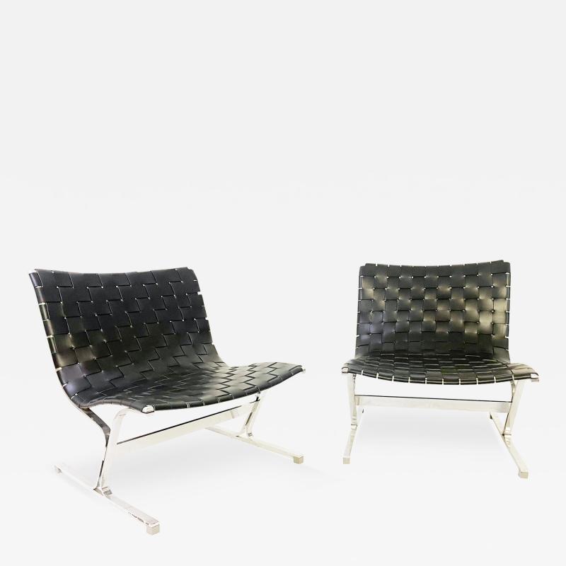 ICF De Padova Pair of Black Leather Chrome Lounge Chairs by Ross Littell for ICF