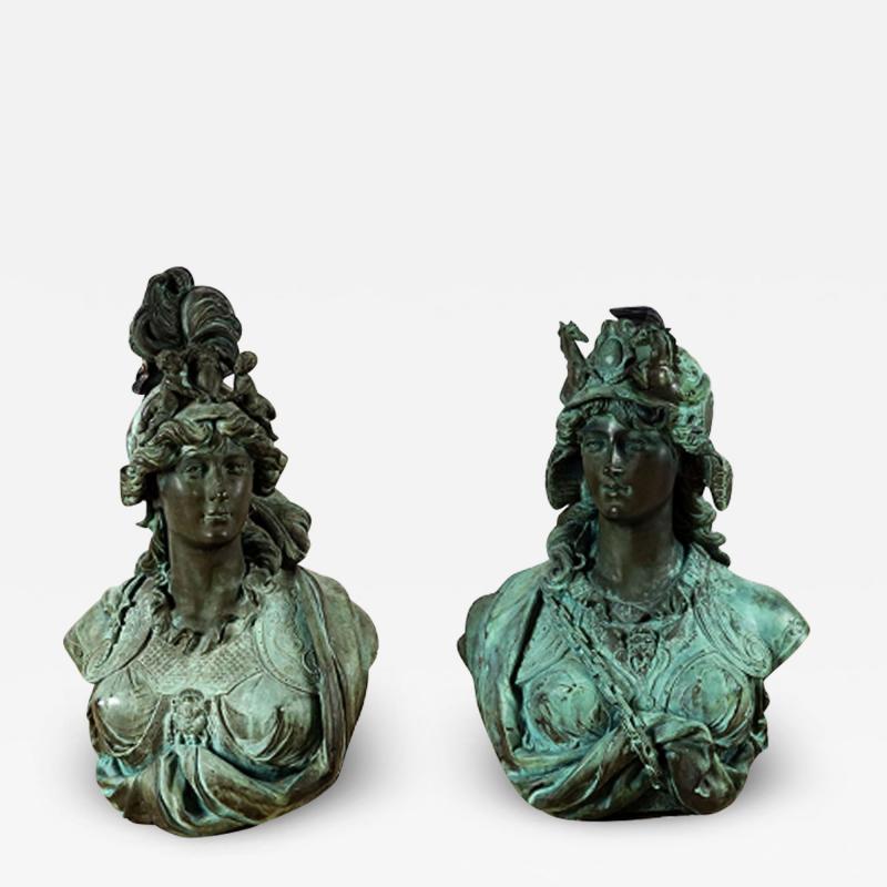 IMPORTANT PAIR OF PATINATED CAST BRONZE SCULPTURES OF BELLONA AND MINERVA