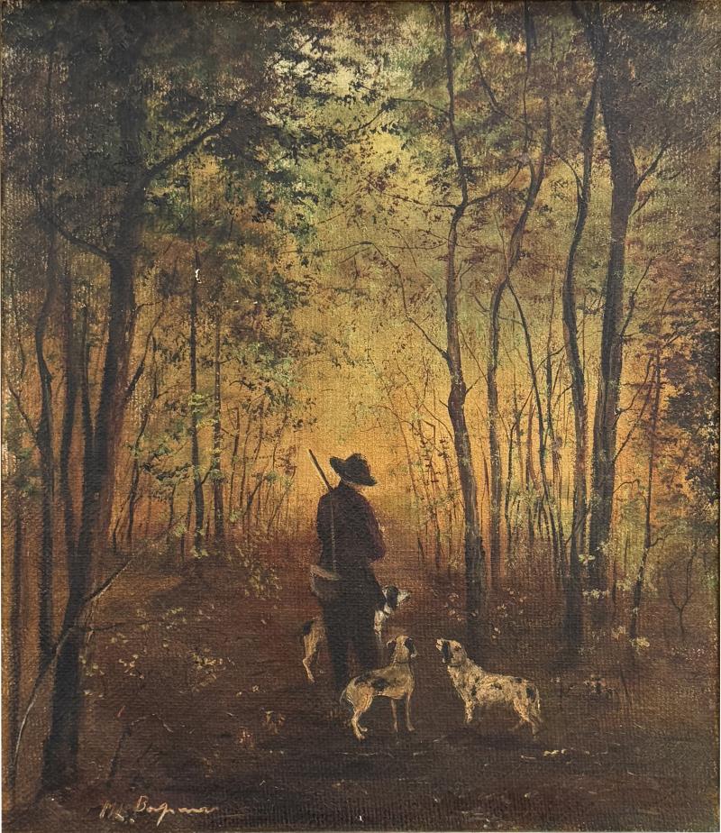 ITALIAN HUNTER IN FOREST WITH THREE DOGS OIL PAINTING ON CANVAS