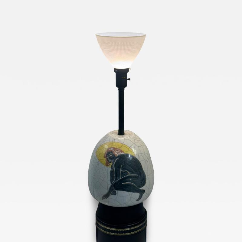 ITALIAN MID CENTURY CERAMIC CRAUQELAIRE LAMP WITH DECO STYLIZED CROUCHING NUDE