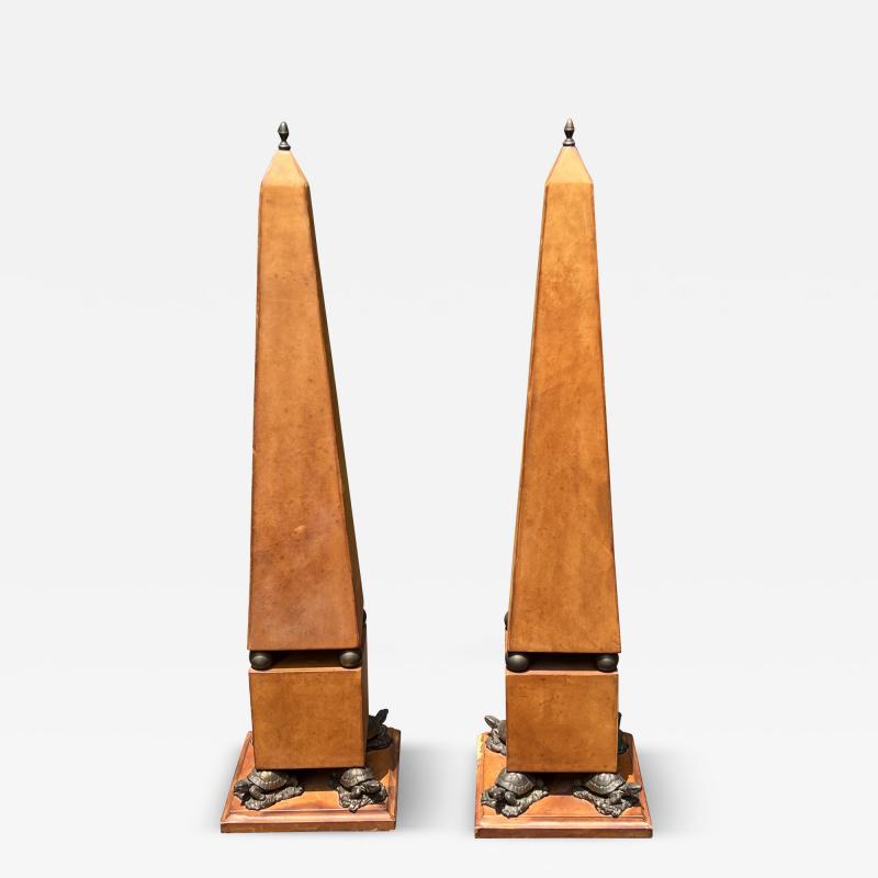 ITALIAN MID CENTURY MODERN LEATHER AND BRONZE TURTLE DESIGN OBELISKS