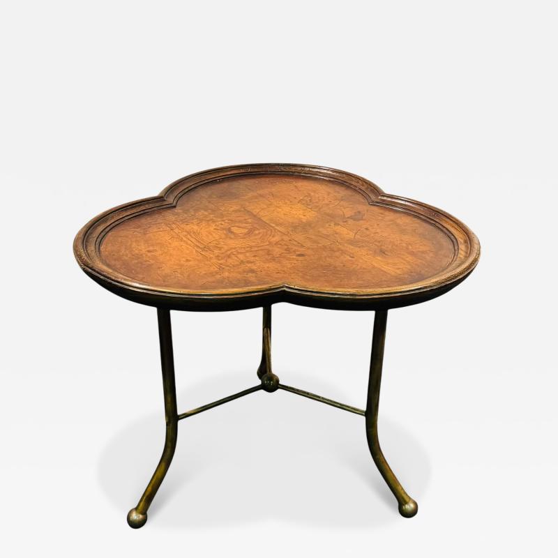 ITALIAN MID CENTURY WALNUT CLOVER DESIGN BRASS TRIPOD LEG WITH BALL TABLE