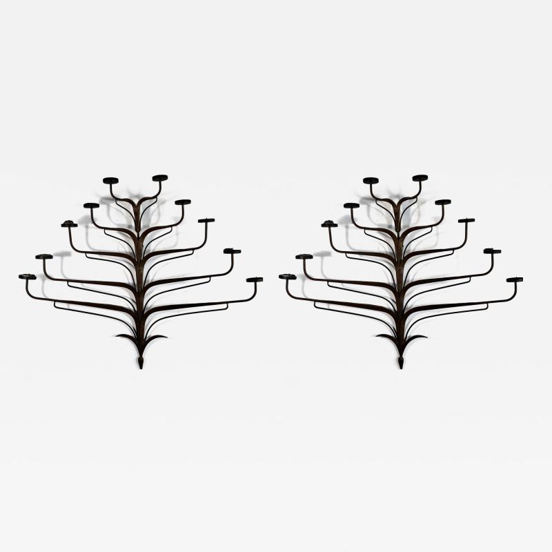 ITALIAN PAIR OF MODERN METAL FROND FORM 10 CANDLE WALL SCONCES