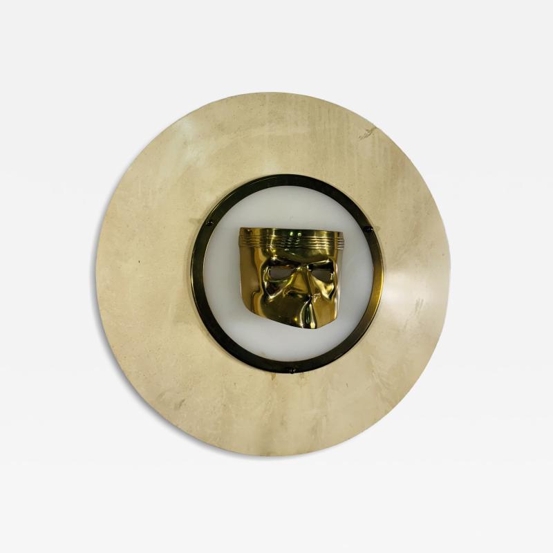 ITALIAN POST MODERN LUCITE AND BRASS MASK WALL PLAQUE