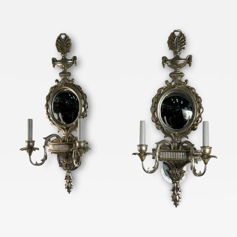 ITALIAN SILVER LEAF NEOCLASSICAL CARVED WOOD TWO LIGHT CONVEX MIRROR SCONCES