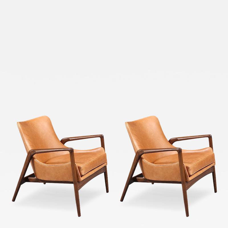 Ib Kofod Larsen Danish Modern Leather Sculpted Lounge Chairs by Ib Kofod Larsen