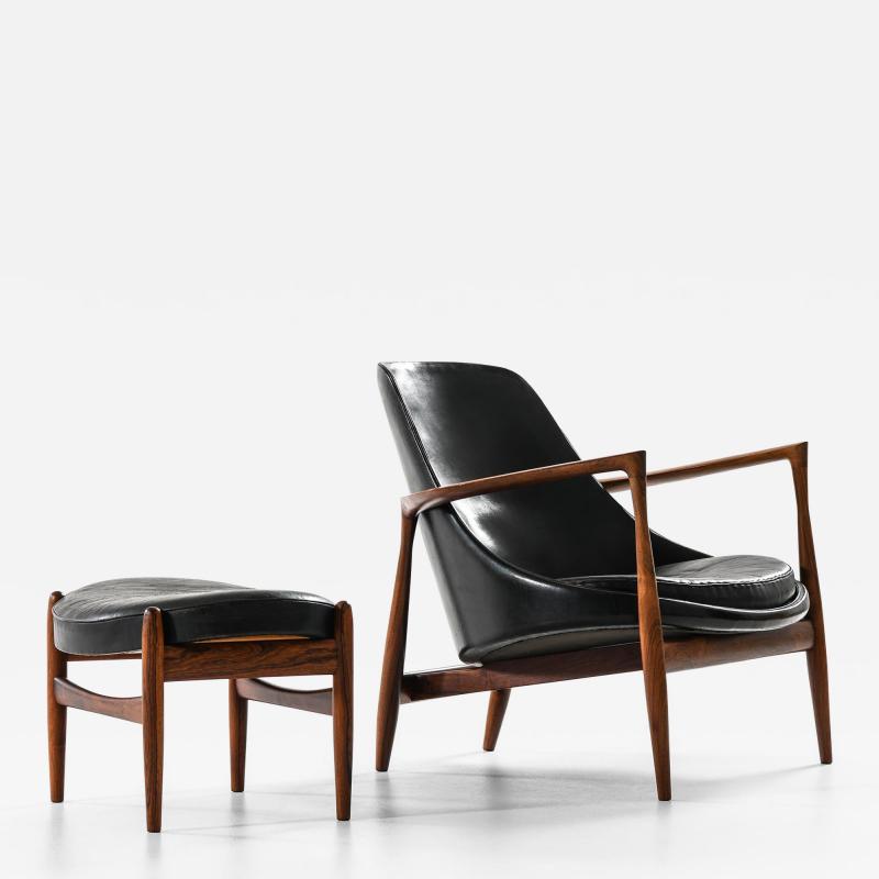 Ib Kofod Larsen Easy Chair with Matching Stool in Leather and Rosewood by Ib Kofod Larsen 1956