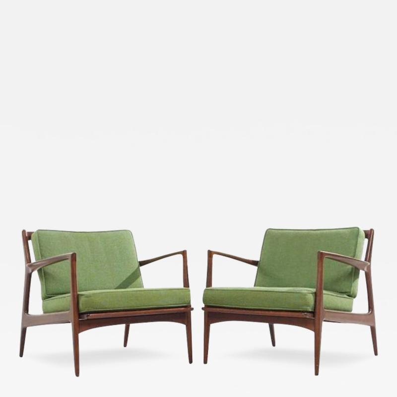 Ib Kofod Larsen Kofod Larsen for Selig Mid Century Danish Walnut Lounge Chairs Pair